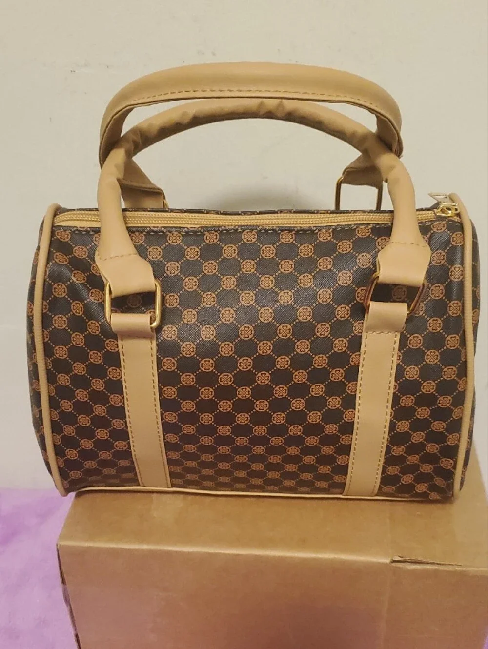 Brown Patterned Satchel with Tan Trim